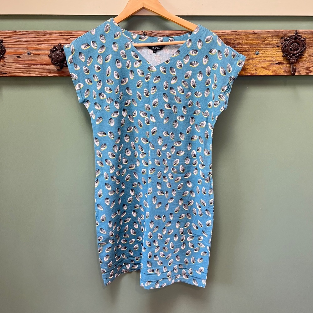 Yak & Yeti Womens Teal Linen‎ Cotton Shell Print Shift Dress with Pockets Small